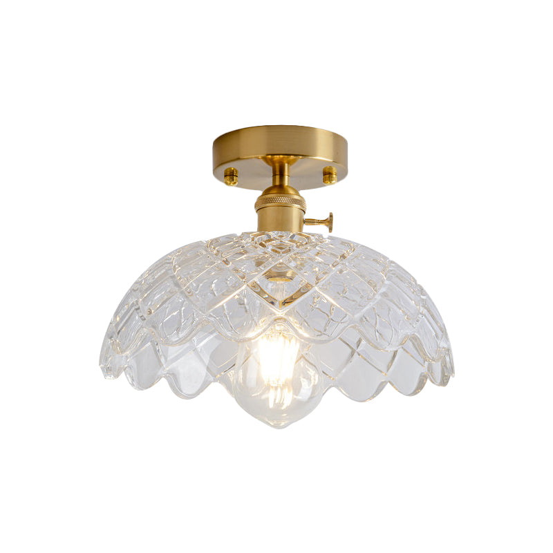 1 Light Ceiling Light with Dome/Barn/Flower Shade Amber/Clear Textured Glass Industrial Living Room Semi Flush in Brass Clearhalo 'Ceiling Lights' 'Close To Ceiling Lights' 'Close to ceiling' 'Glass shade' 'Glass' 'Semi-flushmount' Lighting' 1207660