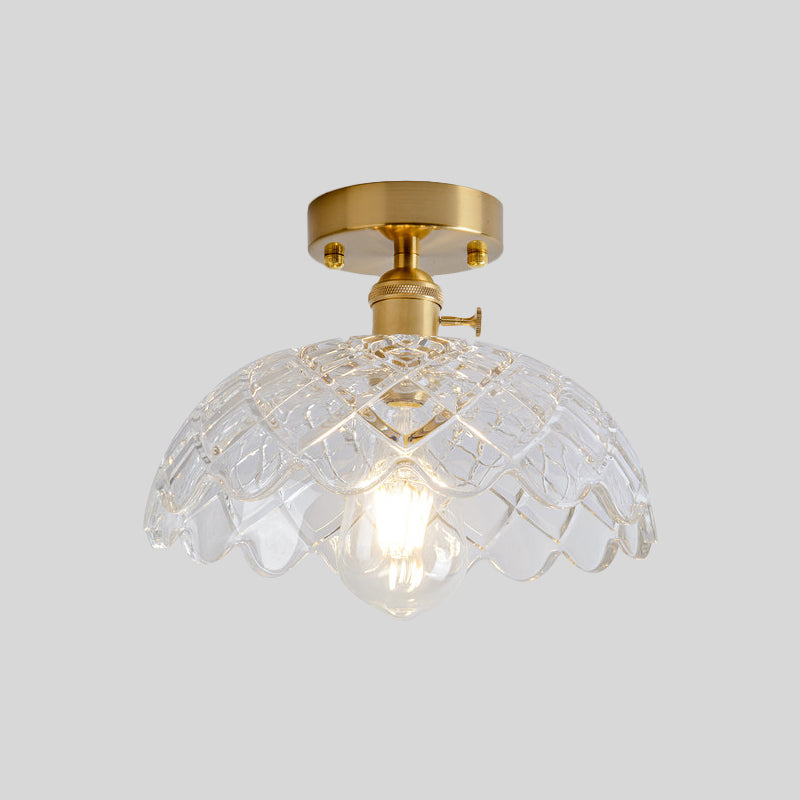 1 Light Ceiling Light with Dome/Barn/Flower Shade Amber/Clear Textured Glass Industrial Living Room Semi Flush in Brass Clearhalo 'Ceiling Lights' 'Close To Ceiling Lights' 'Close to ceiling' 'Glass shade' 'Glass' 'Semi-flushmount' Lighting' 1207661
