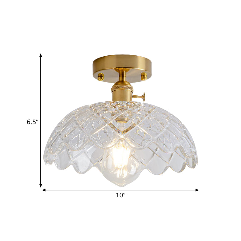 1 Light Ceiling Light with Dome/Barn/Flower Shade Amber/Clear Textured Glass Industrial Living Room Semi Flush in Brass Clearhalo 'Ceiling Lights' 'Close To Ceiling Lights' 'Close to ceiling' 'Glass shade' 'Glass' 'Semi-flushmount' Lighting' 1207662