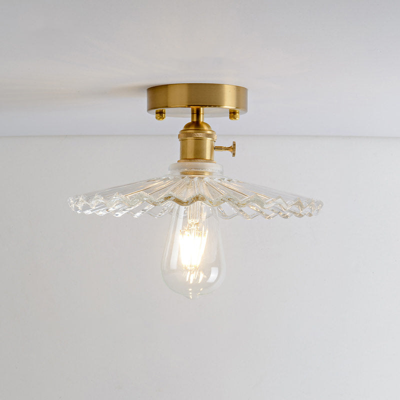 1 Light Ceiling Light with Dome/Barn/Flower Shade Amber/Clear Textured Glass Industrial Living Room Semi Flush in Brass Brass Wide Flare Clearhalo 'Ceiling Lights' 'Close To Ceiling Lights' 'Close to ceiling' 'Glass shade' 'Glass' 'Semi-flushmount' Lighting' 1207663