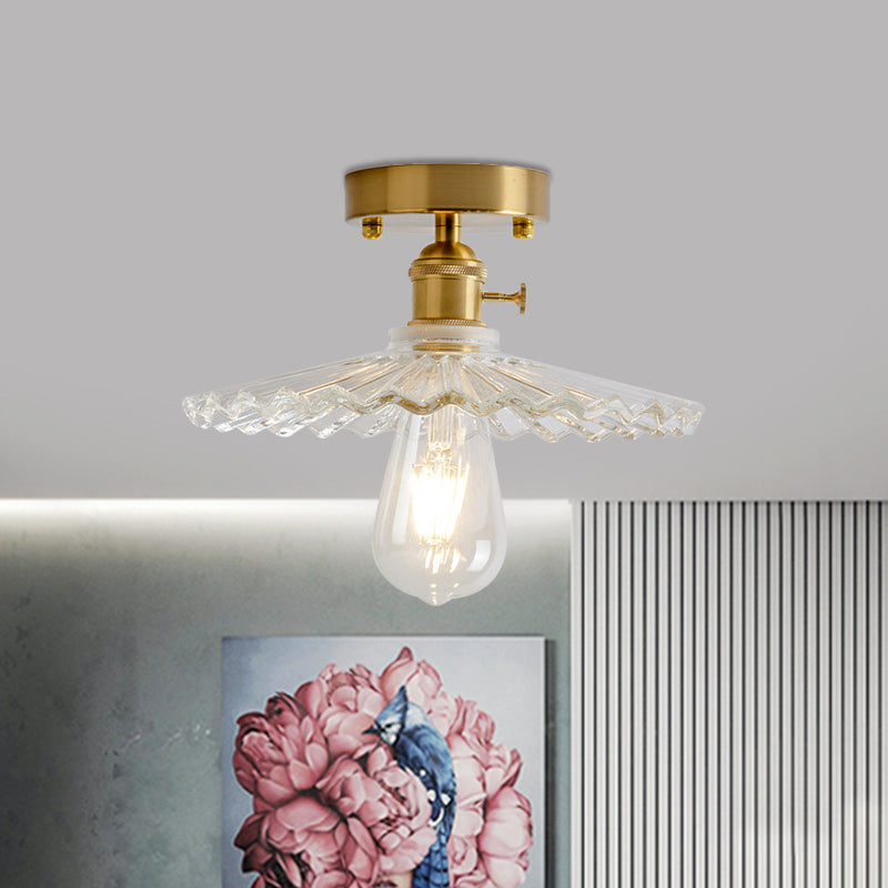 1 Light Ceiling Light with Dome/Barn/Flower Shade Amber/Clear Textured Glass Industrial Living Room Semi Flush in Brass Clearhalo 'Ceiling Lights' 'Close To Ceiling Lights' 'Close to ceiling' 'Glass shade' 'Glass' 'Semi-flushmount' Lighting' 1207664