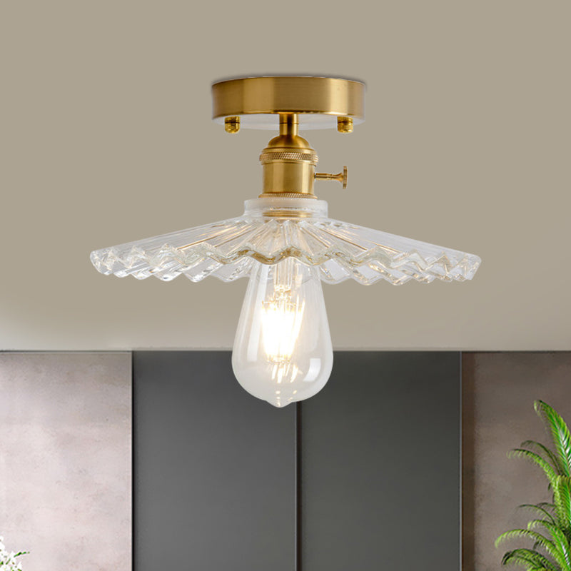 1 Light Ceiling Light with Dome/Barn/Flower Shade Amber/Clear Textured Glass Industrial Living Room Semi Flush in Brass Clearhalo 'Ceiling Lights' 'Close To Ceiling Lights' 'Close to ceiling' 'Glass shade' 'Glass' 'Semi-flushmount' Lighting' 1207665