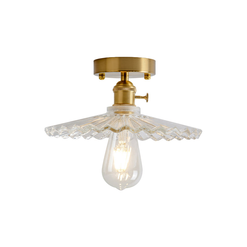 1 Light Ceiling Light with Dome/Barn/Flower Shade Amber/Clear Textured Glass Industrial Living Room Semi Flush in Brass Clearhalo 'Ceiling Lights' 'Close To Ceiling Lights' 'Close to ceiling' 'Glass shade' 'Glass' 'Semi-flushmount' Lighting' 1207666