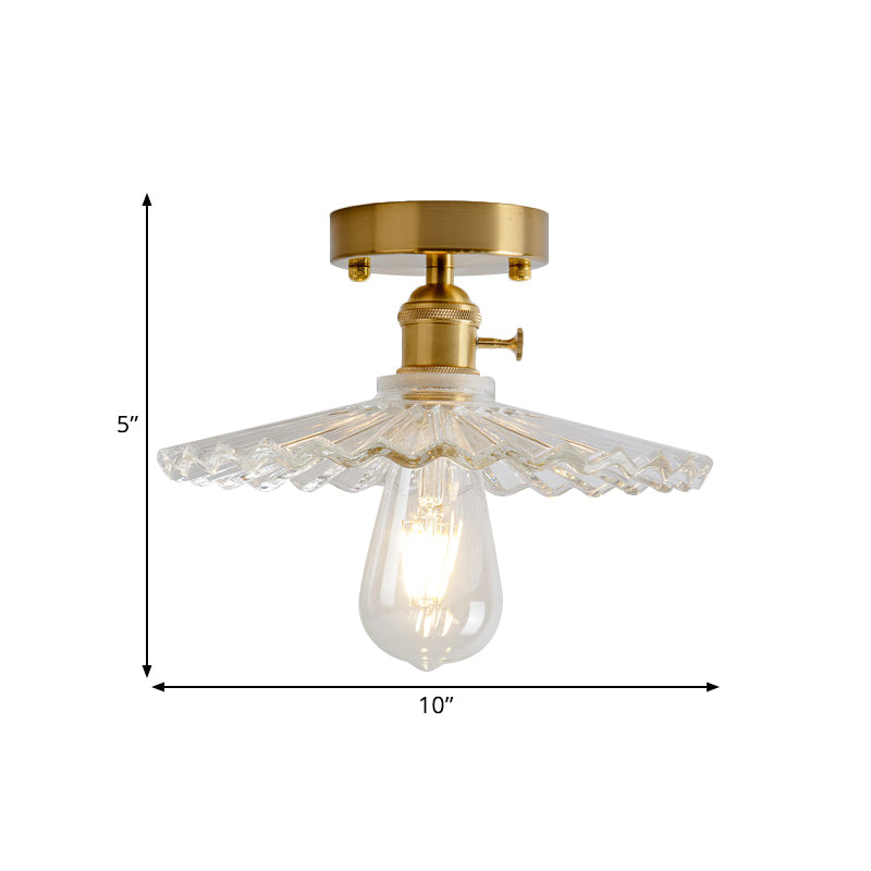 1 Light Ceiling Light with Dome/Barn/Flower Shade Amber/Clear Textured Glass Industrial Living Room Semi Flush in Brass Clearhalo 'Ceiling Lights' 'Close To Ceiling Lights' 'Close to ceiling' 'Glass shade' 'Glass' 'Semi-flushmount' Lighting' 1207667