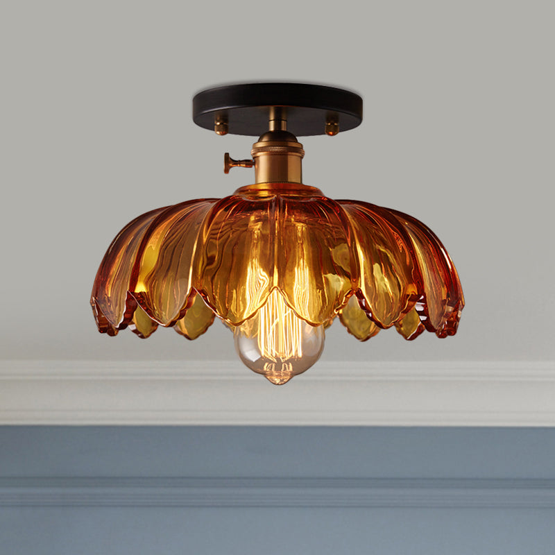 White/Amber One Light Ceiling Mount Industrial Prismatic Glass Scalloped Semi Flush Light Clearhalo 'Ceiling Lights' 'Close To Ceiling Lights' 'Close to ceiling' 'Glass shade' 'Glass' 'Semi-flushmount' Lighting' 1207669