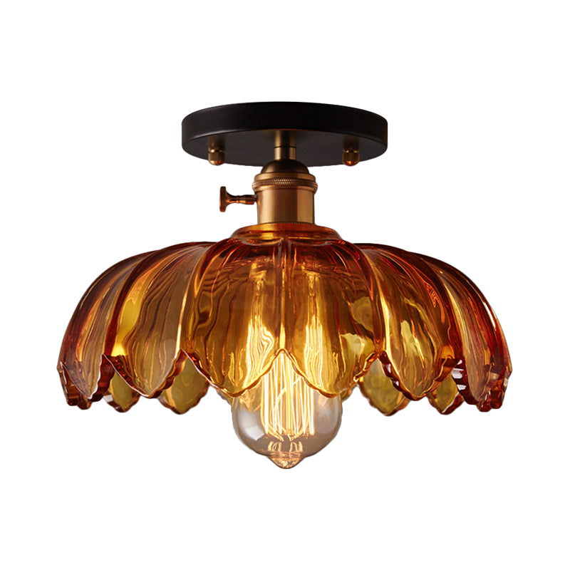 White/Amber One Light Ceiling Mount Industrial Prismatic Glass Scalloped Semi Flush Light Clearhalo 'Ceiling Lights' 'Close To Ceiling Lights' 'Close to ceiling' 'Glass shade' 'Glass' 'Semi-flushmount' Lighting' 1207671