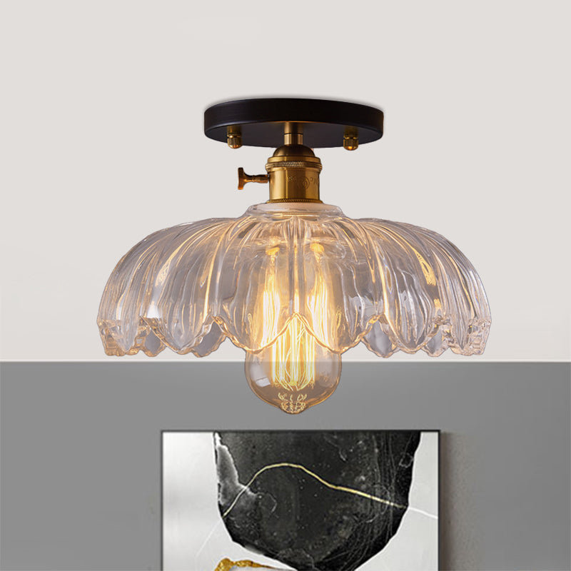 White/Amber One Light Ceiling Mount Industrial Prismatic Glass Scalloped Semi Flush Light Clearhalo 'Ceiling Lights' 'Close To Ceiling Lights' 'Close to ceiling' 'Glass shade' 'Glass' 'Semi-flushmount' Lighting' 1207674