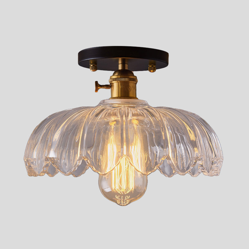 White/Amber One Light Ceiling Mount Industrial Prismatic Glass Scalloped Semi Flush Light Clearhalo 'Ceiling Lights' 'Close To Ceiling Lights' 'Close to ceiling' 'Glass shade' 'Glass' 'Semi-flushmount' Lighting' 1207676