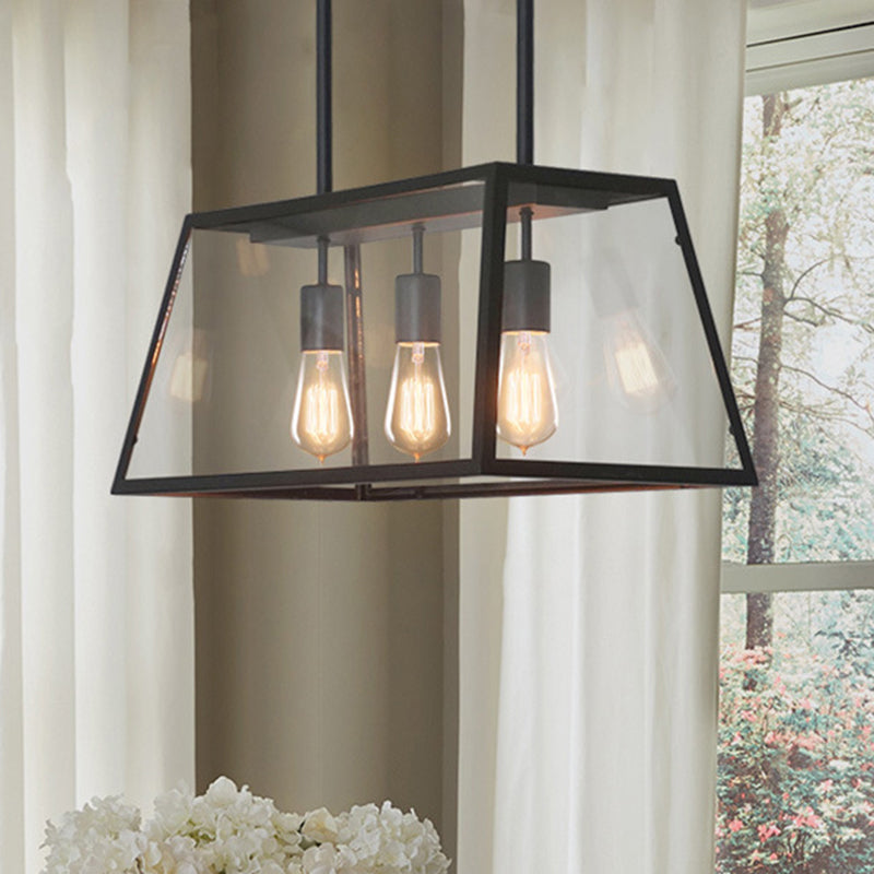 3-Bulb Clear Glass Hanging Light Kit Industrial Black Trapezoid Kitchen Island Lighting Fixture Black Clearhalo 'Ceiling Lights' 'Glass shade' 'Glass' 'Island Lights' Lighting' 1207687