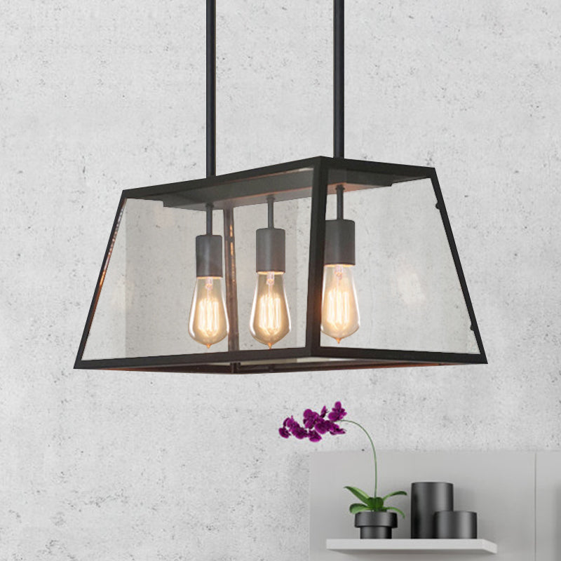 3-Bulb Clear Glass Hanging Light Kit Industrial Black Trapezoid Kitchen Island Lighting Fixture Clearhalo 'Ceiling Lights' 'Glass shade' 'Glass' 'Island Lights' Lighting' 1207688