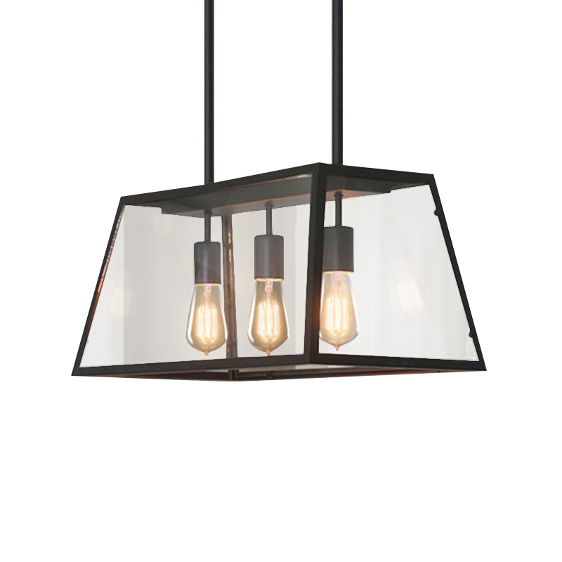 3-Bulb Clear Glass Hanging Light Kit Industrial Black Trapezoid Kitchen Island Lighting Fixture Clearhalo 'Ceiling Lights' 'Glass shade' 'Glass' 'Island Lights' Lighting' 1207689