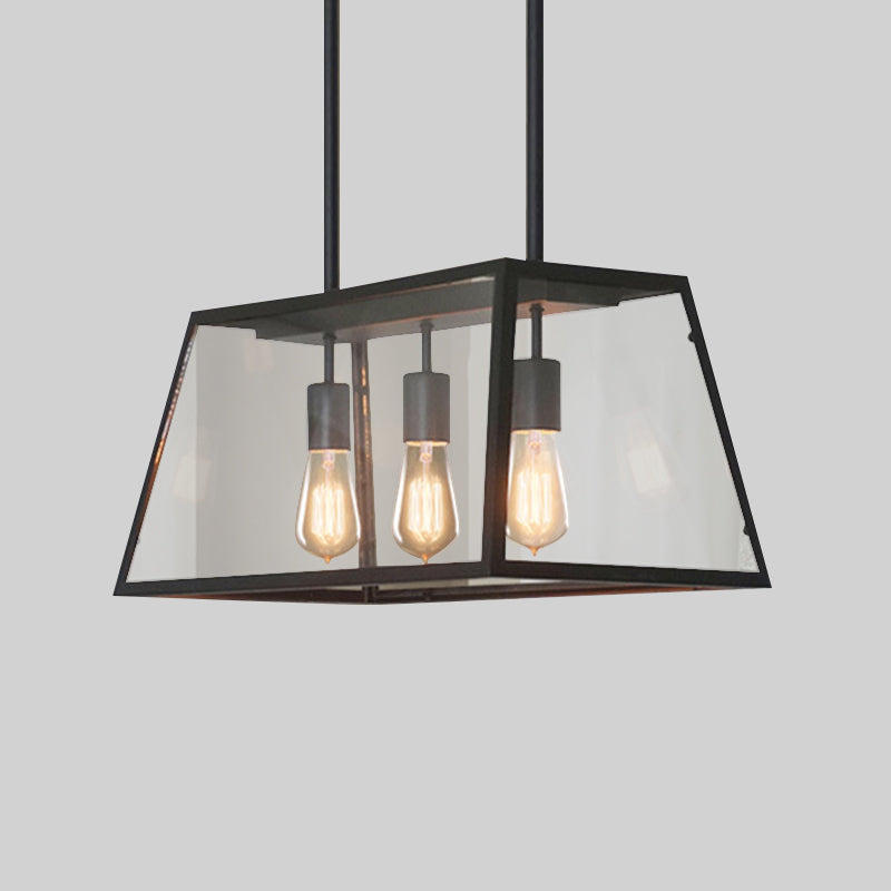 3-Bulb Clear Glass Hanging Light Kit Industrial Black Trapezoid Kitchen Island Lighting Fixture Clearhalo 'Ceiling Lights' 'Glass shade' 'Glass' 'Island Lights' Lighting' 1207690