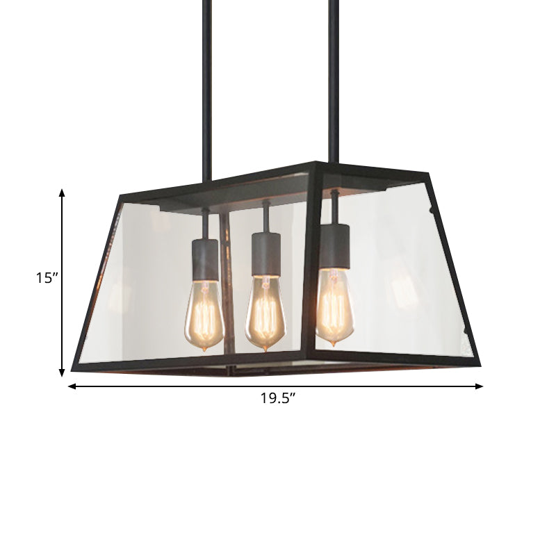 3-Bulb Clear Glass Hanging Light Kit Industrial Black Trapezoid Kitchen Island Lighting Fixture Clearhalo 'Ceiling Lights' 'Glass shade' 'Glass' 'Island Lights' Lighting' 1207691