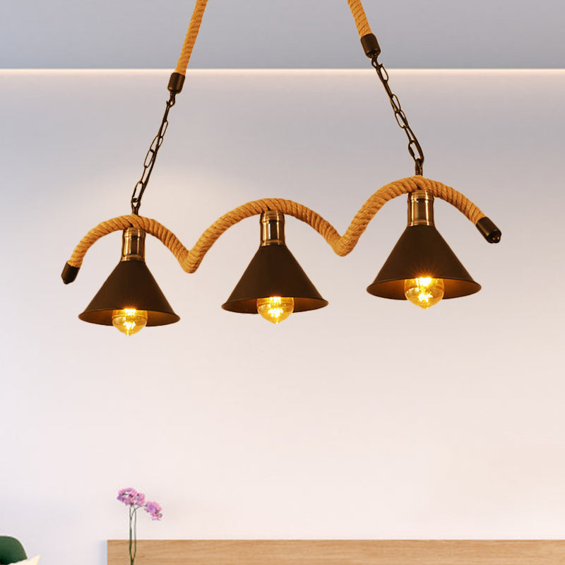 Cone Shape Island Ceiling Light Rustic Metal Ceiling Light with Rope and Chain in Brown 3 Brown Clearhalo 'Ceiling Lights' 'Close To Ceiling Lights' 'Glass shade' 'Glass' 'Island Lights' Lighting' 1207702