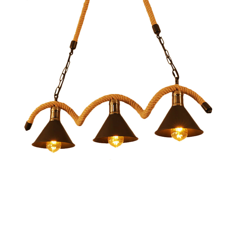 Cone Shape Island Ceiling Light Rustic Metal Ceiling Light with Rope and Chain in Brown Clearhalo 'Ceiling Lights' 'Close To Ceiling Lights' 'Glass shade' 'Glass' 'Island Lights' Lighting' 1207704