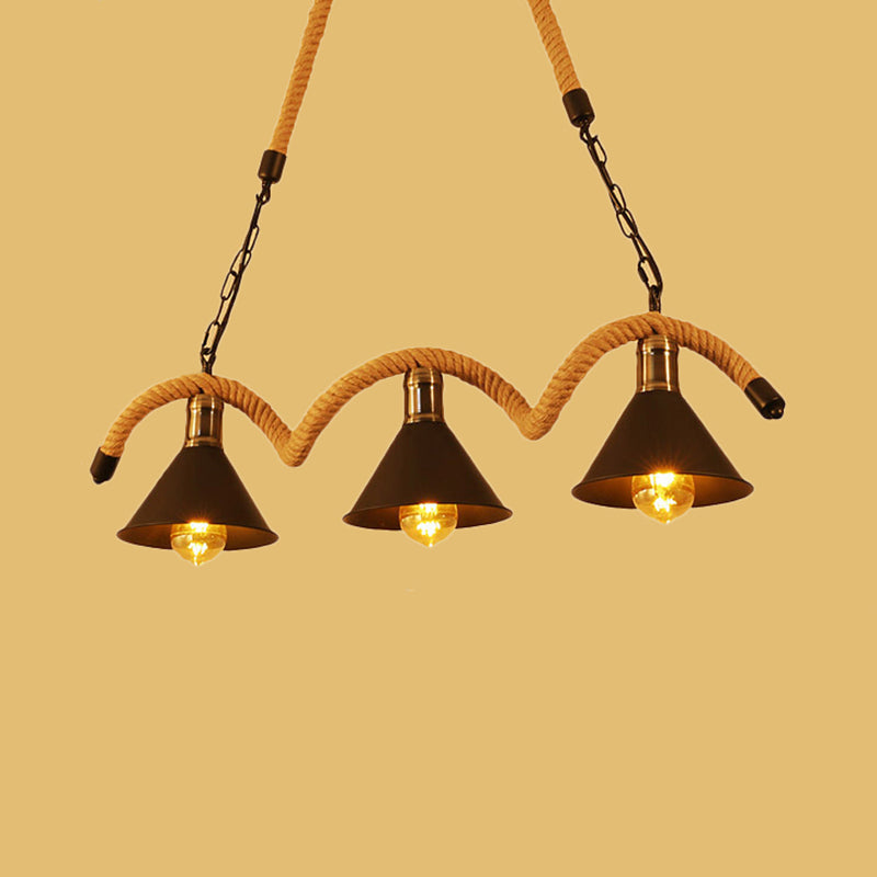 Cone Shape Island Ceiling Light Rustic Metal Ceiling Light with Rope and Chain in Brown Clearhalo 'Ceiling Lights' 'Close To Ceiling Lights' 'Glass shade' 'Glass' 'Island Lights' Lighting' 1207705