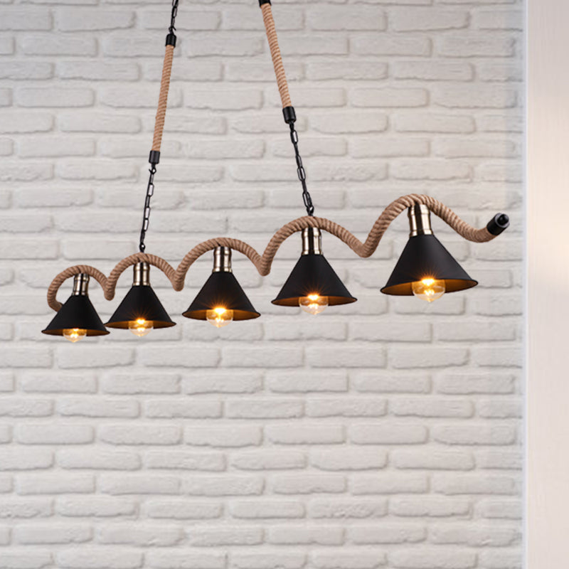 Cone Shape Island Ceiling Light Rustic Metal Ceiling Light with Rope and Chain in Brown 5 Brown Clearhalo 'Ceiling Lights' 'Close To Ceiling Lights' 'Glass shade' 'Glass' 'Island Lights' Lighting' 1207707