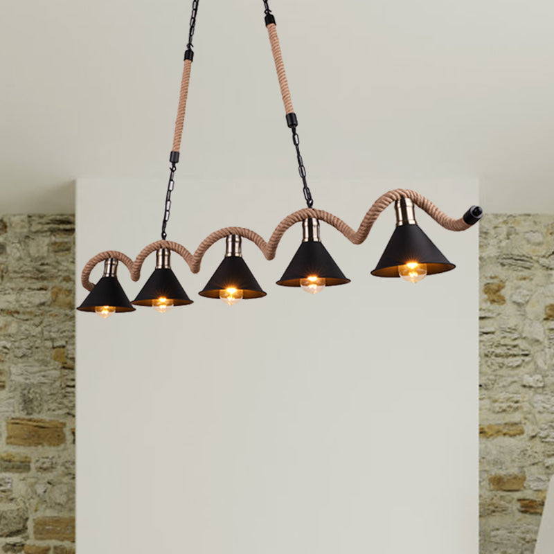 Cone Shape Island Ceiling Light Rustic Metal Ceiling Light with Rope and Chain in Brown Clearhalo 'Ceiling Lights' 'Close To Ceiling Lights' 'Glass shade' 'Glass' 'Island Lights' Lighting' 1207708