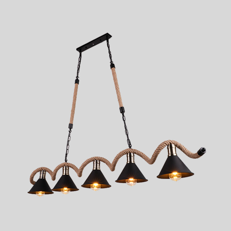 Cone Shape Island Ceiling Light Rustic Metal Ceiling Light with Rope and Chain in Brown Clearhalo 'Ceiling Lights' 'Close To Ceiling Lights' 'Glass shade' 'Glass' 'Island Lights' Lighting' 1207710