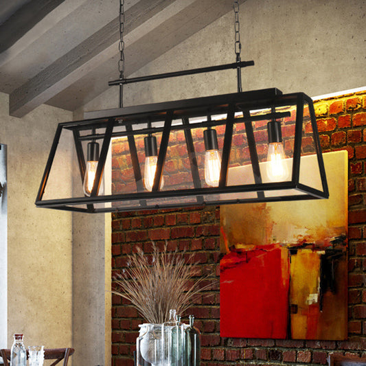 Clear Glass Triangular Frame Island Pendant Light Rustic 4 Lights Coffee Shop Hanging Lamp in Black Black Clearhalo 'Ceiling Lights' 'Glass shade' 'Glass' 'Island Lights' Lighting' 1207717