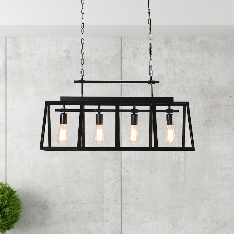 Clear Glass Triangular Frame Island Pendant Light Rustic 4 Lights Coffee Shop Hanging Lamp in Black Clearhalo 'Ceiling Lights' 'Glass shade' 'Glass' 'Island Lights' Lighting' 1207718