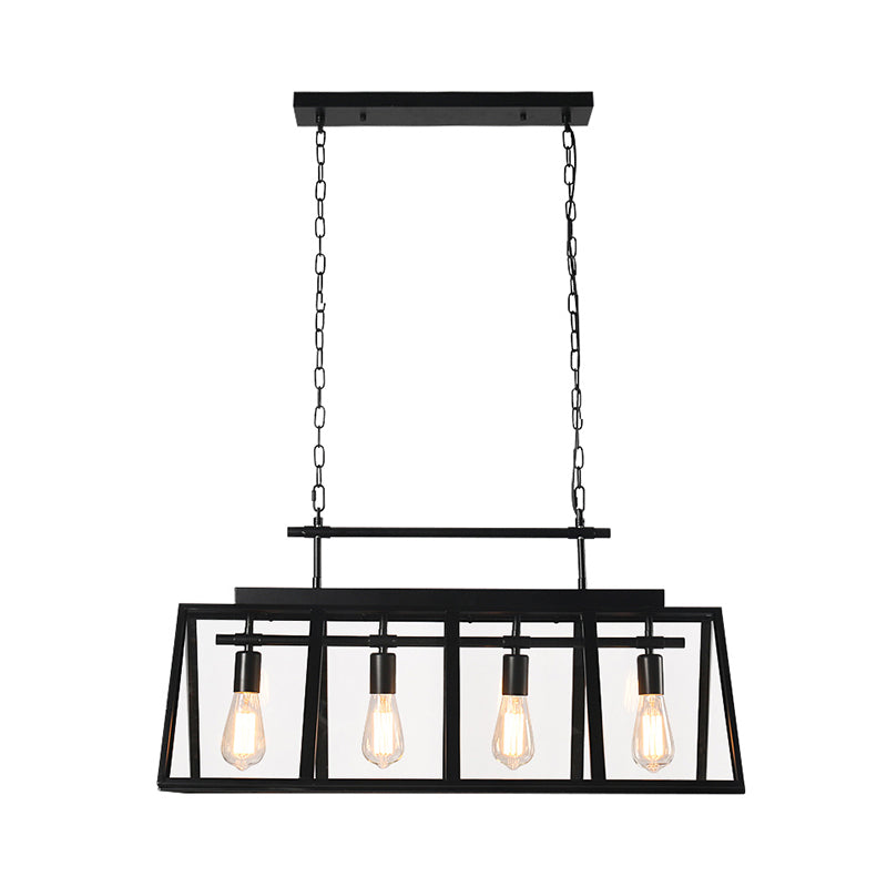 Clear Glass Triangular Frame Island Pendant Light Rustic 4 Lights Coffee Shop Hanging Lamp in Black Clearhalo 'Ceiling Lights' 'Glass shade' 'Glass' 'Island Lights' Lighting' 1207719