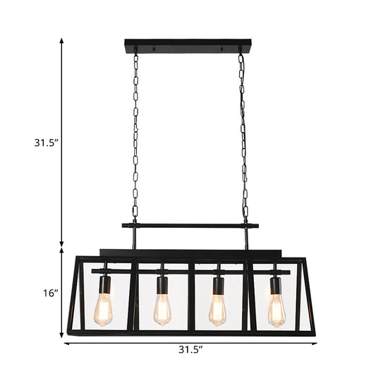Clear Glass Triangular Frame Island Pendant Light Rustic 4 Lights Coffee Shop Hanging Lamp in Black Clearhalo 'Ceiling Lights' 'Glass shade' 'Glass' 'Island Lights' Lighting' 1207721