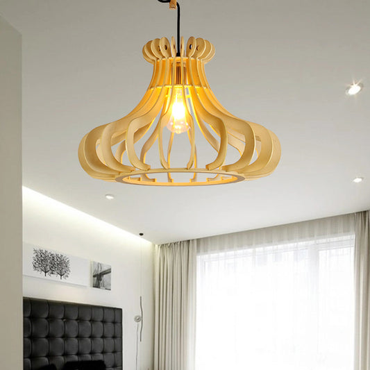 Contemporary Onion Shaped Pendant Lighting Wood 1 Light Bedroom Hanging Lamp in Beige Wood Clearhalo 'Ceiling Lights' 'Modern Pendants' 'Modern' 'Pendant Lights' 'Pendants' Lighting' 120782