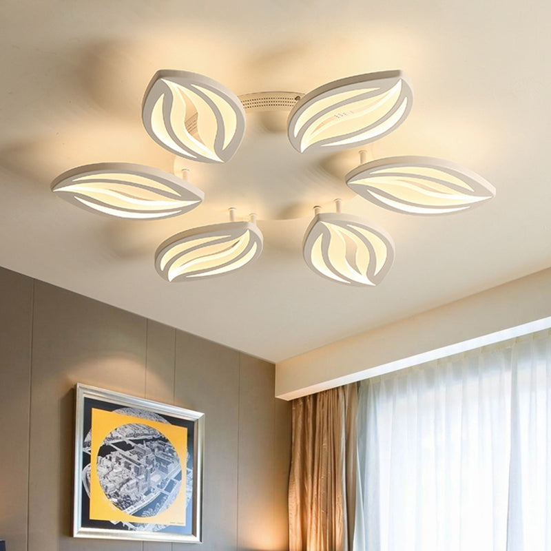 4/6 Lights LED Bedroom Flush Ceiling Light with Leaf Acrylic Shade White Flush Mount Light Fixture in Warm/White/Natural Light 6 White Clearhalo 'Ceiling Lights' 'Close To Ceiling Lights' 'Close to ceiling' 'Semi-flushmount' Lighting' 1208010