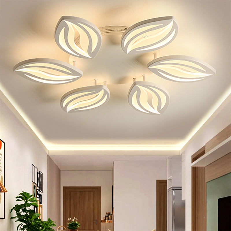 4/6 Lights LED Bedroom Flush Ceiling Light with Leaf Acrylic Shade White Flush Mount Light Fixture in Warm/White/Natural Light Clearhalo 'Ceiling Lights' 'Close To Ceiling Lights' 'Close to ceiling' 'Semi-flushmount' Lighting' 1208011