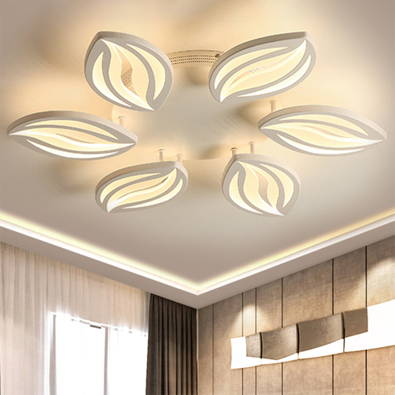 4/6 Lights LED Bedroom Flush Ceiling Light with Leaf Acrylic Shade White Flush Mount Light Fixture in Warm/White/Natural Light Clearhalo 'Ceiling Lights' 'Close To Ceiling Lights' 'Close to ceiling' 'Semi-flushmount' Lighting' 1208012