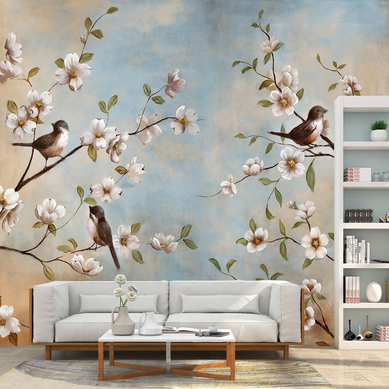 Whole Birds Murals for Wall Contemporary Large Branch with Flowers Wall Art in Blue-Brown Clearhalo 'Wall Decor' 'Wall Mural' 1209439