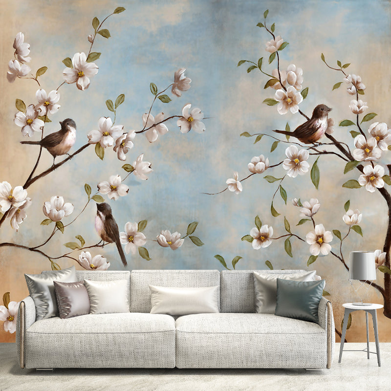 Whole Birds Murals for Wall Contemporary Large Branch with Flowers Wall Art in Blue-Brown Clearhalo 'Wall Decor' 'Wall Mural' 1209440