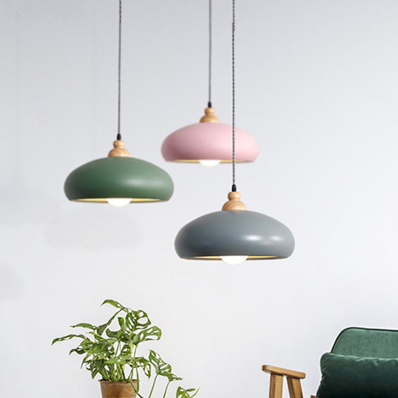 Macaron Stylish Bowl Pendant Light Fixture 1 Bulb Metal Hanging Pendant Light with Wooden Cap in Grey/Pink/Green Grey Clearhalo 'Ceiling Lights' 'Modern Pendants' 'Modern' 'Pendant Lights' 'Pendants' Lighting' 1209682