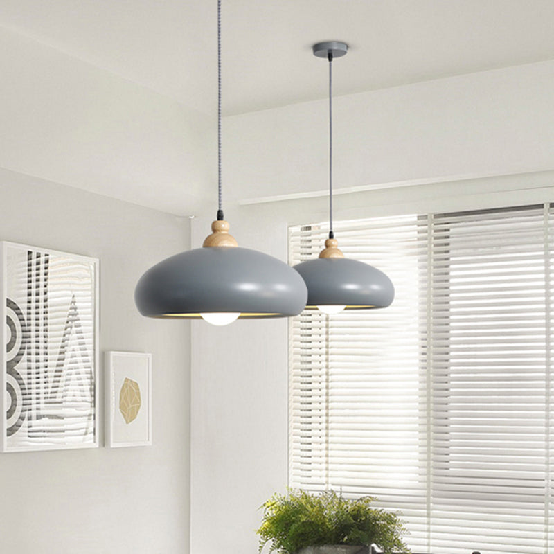 Macaron Stylish Bowl Pendant Light Fixture 1 Bulb Metal Hanging Pendant Light with Wooden Cap in Grey/Pink/Green Clearhalo 'Ceiling Lights' 'Modern Pendants' 'Modern' 'Pendant Lights' 'Pendants' Lighting' 1209683