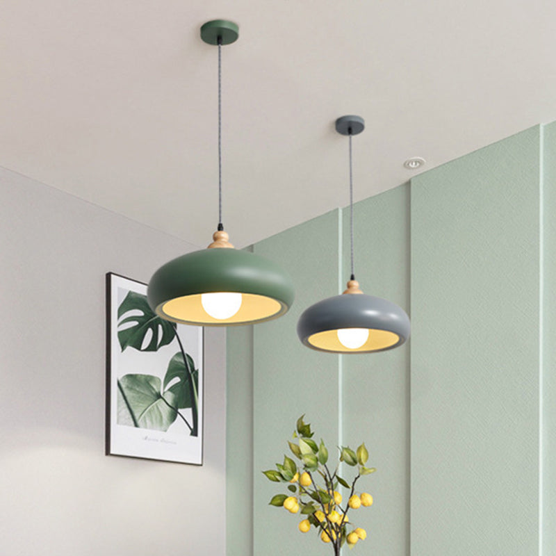 Macaron Stylish Bowl Pendant Light Fixture 1 Bulb Metal Hanging Pendant Light with Wooden Cap in Grey/Pink/Green Clearhalo 'Ceiling Lights' 'Modern Pendants' 'Modern' 'Pendant Lights' 'Pendants' Lighting' 1209684