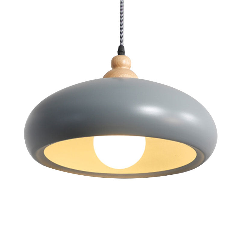 Macaron Stylish Bowl Pendant Light Fixture 1 Bulb Metal Hanging Pendant Light with Wooden Cap in Grey/Pink/Green Clearhalo 'Ceiling Lights' 'Modern Pendants' 'Modern' 'Pendant Lights' 'Pendants' Lighting' 1209685