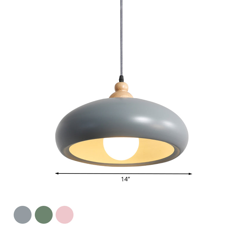 Macaron Stylish Bowl Pendant Light Fixture 1 Bulb Metal Hanging Pendant Light with Wooden Cap in Grey/Pink/Green Clearhalo 'Ceiling Lights' 'Modern Pendants' 'Modern' 'Pendant Lights' 'Pendants' Lighting' 1209686