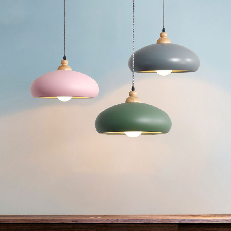 Macaron Stylish Bowl Pendant Light Fixture 1 Bulb Metal Hanging Pendant Light with Wooden Cap in Grey/Pink/Green Green Clearhalo 'Ceiling Lights' 'Modern Pendants' 'Modern' 'Pendant Lights' 'Pendants' Lighting' 1209687