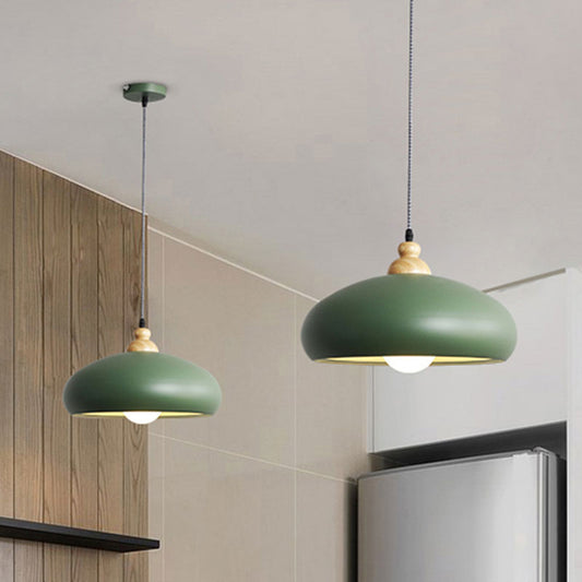 Macaron Stylish Bowl Pendant Light Fixture 1 Bulb Metal Hanging Pendant Light with Wooden Cap in Grey/Pink/Green Clearhalo 'Ceiling Lights' 'Modern Pendants' 'Modern' 'Pendant Lights' 'Pendants' Lighting' 1209688