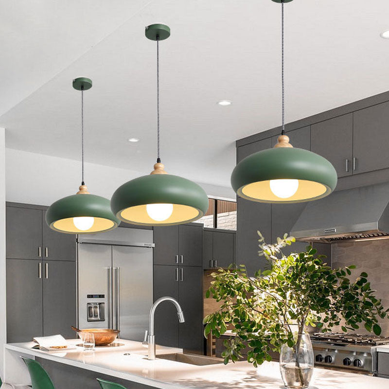 Macaron Stylish Bowl Pendant Light Fixture 1 Bulb Metal Hanging Pendant Light with Wooden Cap in Grey/Pink/Green Clearhalo 'Ceiling Lights' 'Modern Pendants' 'Modern' 'Pendant Lights' 'Pendants' Lighting' 1209689