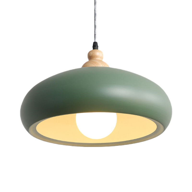 Macaron Stylish Bowl Pendant Light Fixture 1 Bulb Metal Hanging Pendant Light with Wooden Cap in Grey/Pink/Green Clearhalo 'Ceiling Lights' 'Modern Pendants' 'Modern' 'Pendant Lights' 'Pendants' Lighting' 1209690