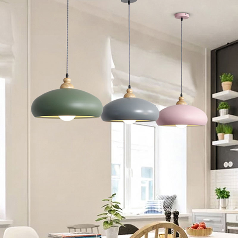 Macaron Stylish Bowl Pendant Light Fixture 1 Bulb Metal Hanging Pendant Light with Wooden Cap in Grey/Pink/Green Pink Clearhalo 'Ceiling Lights' 'Modern Pendants' 'Modern' 'Pendant Lights' 'Pendants' Lighting' 1209691