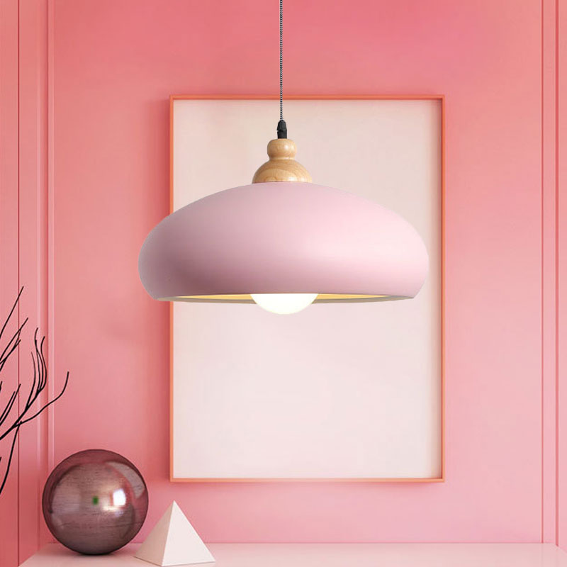 Macaron Stylish Bowl Pendant Light Fixture 1 Bulb Metal Hanging Pendant Light with Wooden Cap in Grey/Pink/Green Clearhalo 'Ceiling Lights' 'Modern Pendants' 'Modern' 'Pendant Lights' 'Pendants' Lighting' 1209692