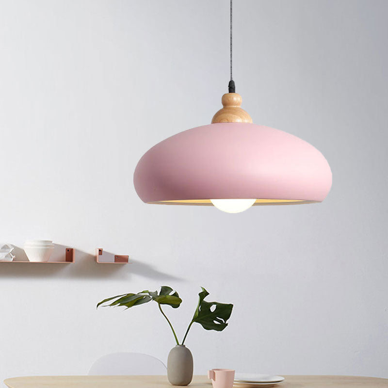 Macaron Stylish Bowl Pendant Light Fixture 1 Bulb Metal Hanging Pendant Light with Wooden Cap in Grey/Pink/Green Clearhalo 'Ceiling Lights' 'Modern Pendants' 'Modern' 'Pendant Lights' 'Pendants' Lighting' 1209693