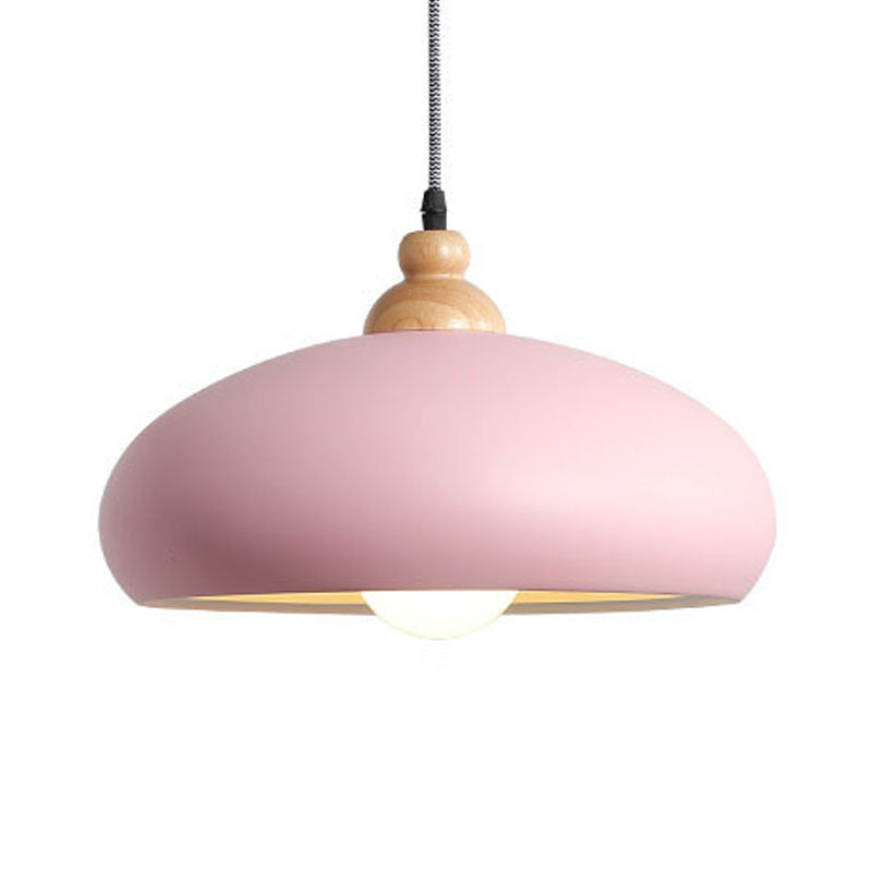 Macaron Stylish Bowl Pendant Light Fixture 1 Bulb Metal Hanging Pendant Light with Wooden Cap in Grey/Pink/Green Clearhalo 'Ceiling Lights' 'Modern Pendants' 'Modern' 'Pendant Lights' 'Pendants' Lighting' 1209694