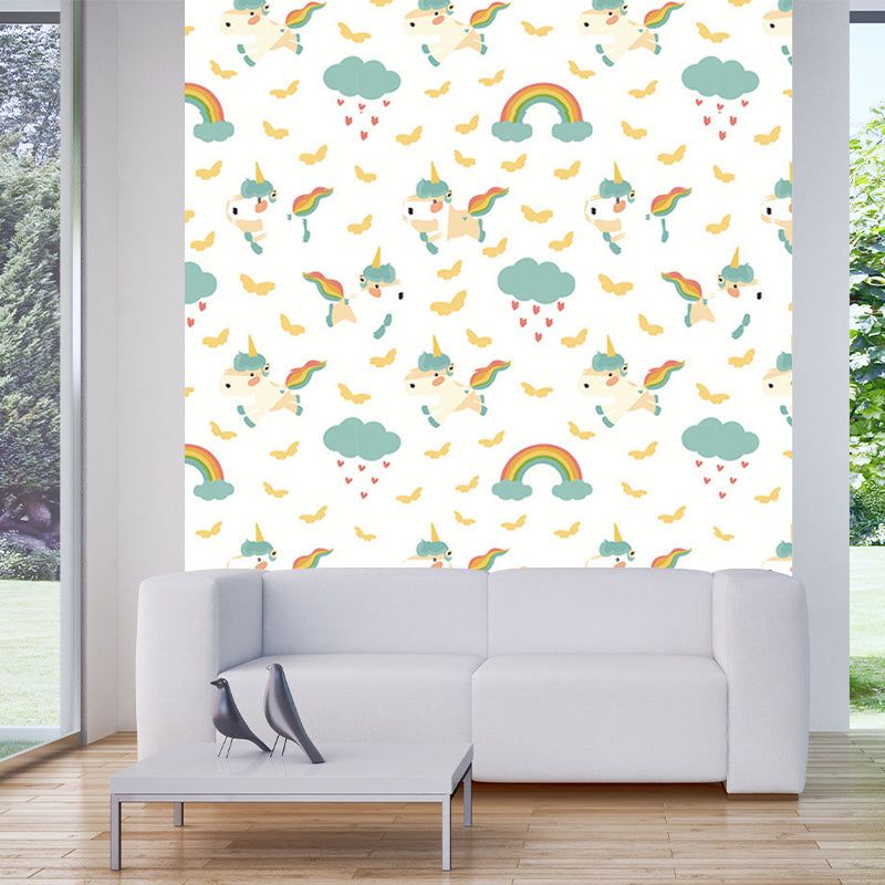 Washable Unicorn and Butterfly Mural Decal Personalized Cartoon Wall Art for Kindergarten Yellow-Green Clearhalo 'Wall Decor' 'Wall Mural' 1209698