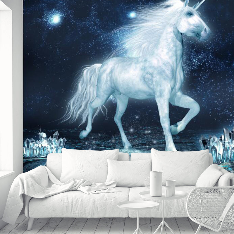 Waterproof Unicorn Mural Wallpaper Custom Size Nordic Wall Decor for Living Room Blue-White Clearhalo 'Wall Decor' 'Wall Mural' 1209706