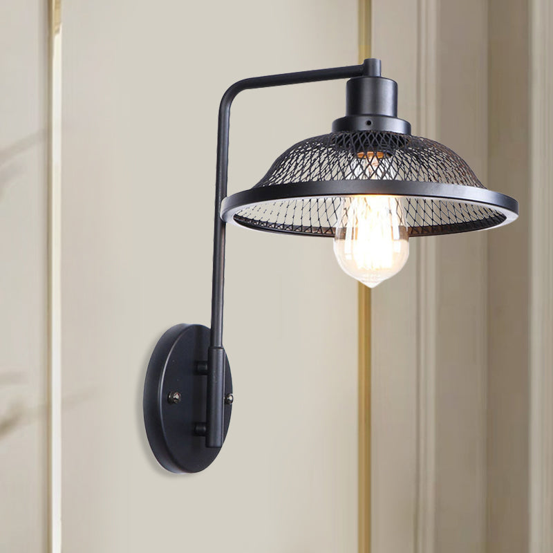 Flared Restaurant Sconce Fixture with Mesh Shade Retro Style Wrought Iron 1 Bulb Black/Rust Wall Lamp Black 8.5”+6.5” Clearhalo 'Wall Lamps & Sconces' 'Wall Lights' Lighting' 1209750