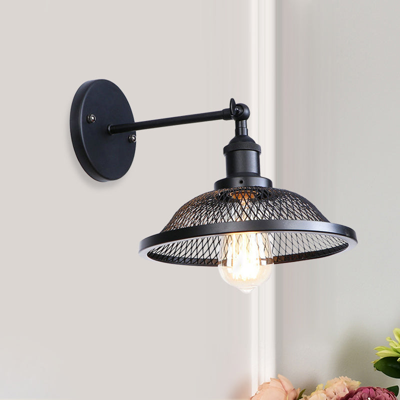 Flared Restaurant Sconce Fixture with Mesh Shade Retro Style Wrought Iron 1 Bulb Black/Rust Wall Lamp Black 7" Clearhalo 'Wall Lamps & Sconces' 'Wall Lights' Lighting' 1209755